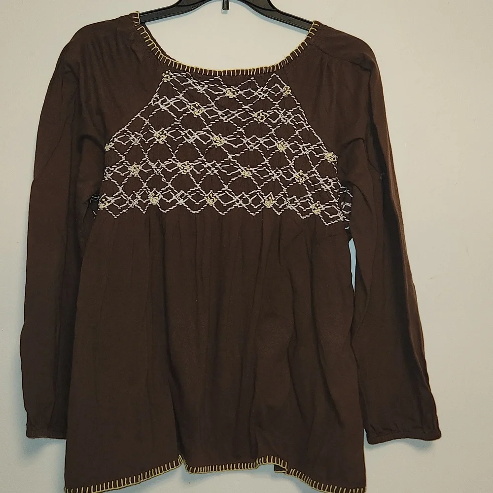 Roaman's Brown Jersey Cotton Smocked Bodice & Embroidered Long Sleeve Top  2X